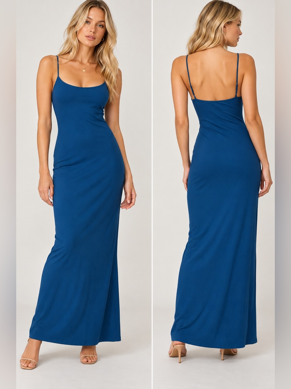 Bobbles & Lace Women's Cerulean Blue Slip Maxi Dress Spaghetti Strap Size Medium